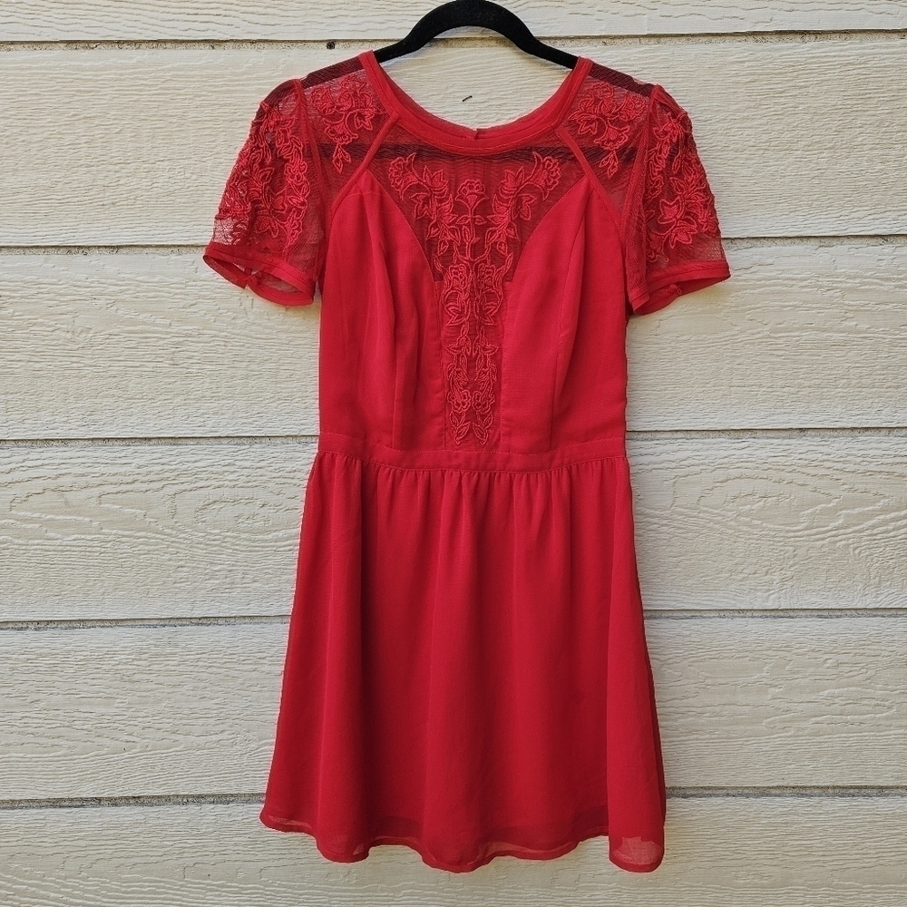 Kimchi Blue red fit and flare mini dress with floral embroidered mesh detail 4